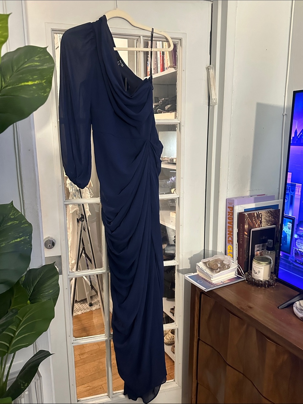 TFNC Navy Blue One-Shoulder Ruched Evening Dress